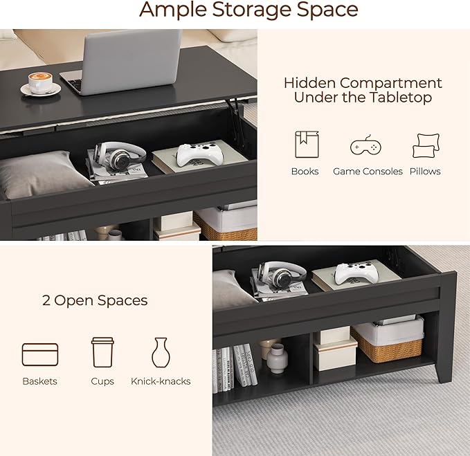 Yaheetech Black Coffee Table, Lift Top Coffee Tables with Hidden Storage Compartment & Open Shelf, Lift Tabletop Pop-Up for Living Room Reception, 47.5inch L