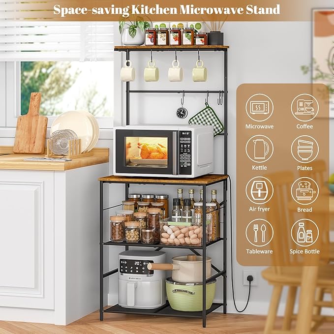 4 Tier Coffee Bar Station, Kitchen Stand with 8 S-Shaped Hooks, Large Space Coffee Station Table, Farmhouse Coffee Bar Shelf, Bakers Rack for for Kitchen, Living Room, 23.62" W x 15.74" D x 57.13" H