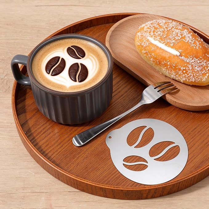 5 Pcs Latte Art Stencils,Coffee Stencils with Latte Art Pen,Lattes Stencilss with Various Patterns for Cappuccino, Hot Chocolate & Cake Decorating,Home or Cafe Use(Silver,4.53IN)