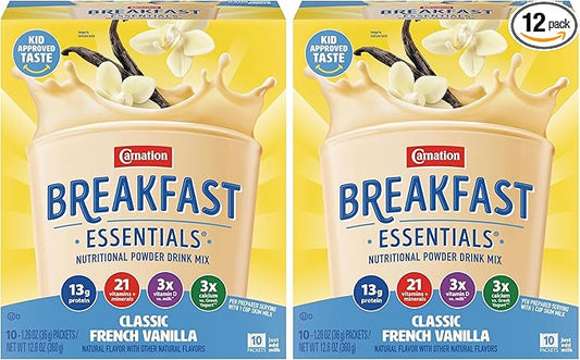 Carnation Breakfast Essentials Powder Drink Mix, Classic French Vanilla, 10 Count Box of 1.26 Ounce Packets (Pack of 12)