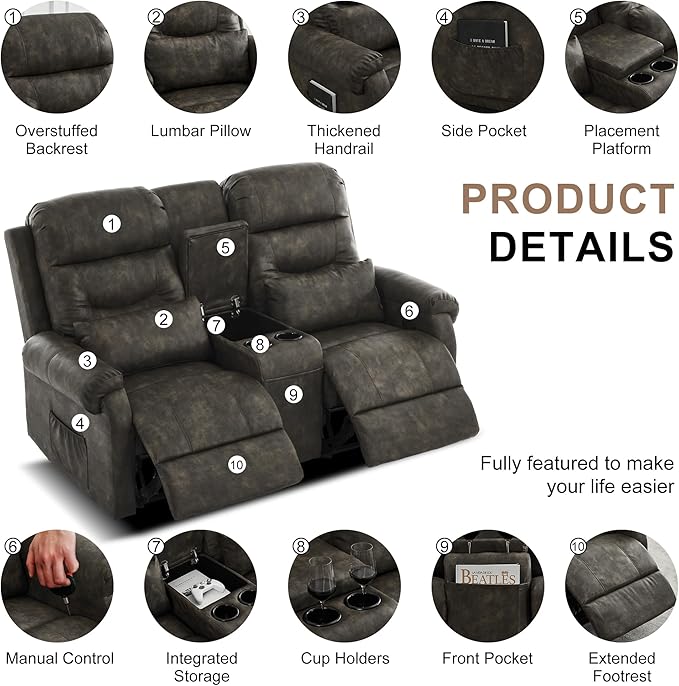 DRMBOOK RV Loveseat Recliner Sofa with Console, Faux Leather Double Wall Hugger Reclining Couch Manual Home Movie Seating 2 Person Recliner Chair with Cup Holders/Storage/Pocket/Pillow, Black&Grey