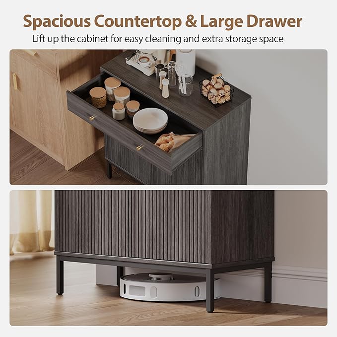 Mericonia Farmhouse Buffet Sideboard Cabinet with Storage, Fluted Coffee Bar with Doors and Adjustable Shelves, Modern Wood Console Cabinet for Kitchen, Livingroom (Fluted 2 Door, Grey)
