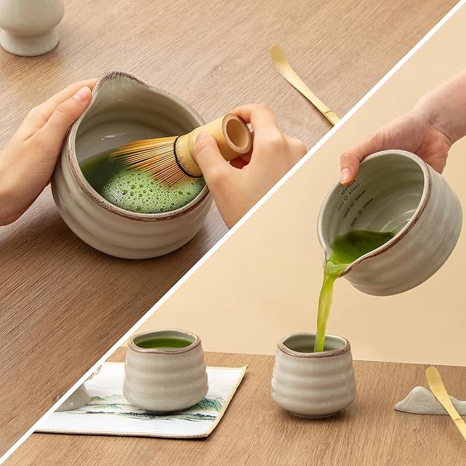 5pcs Premium Matcha Set,Ceramic Bowl with Spout and Bamboo Whisk set, Ceremonical Matcha Kit for breakfast/latte,Tea Starter Making Kit, Unique Christmas/Valentine Gift (Grey)