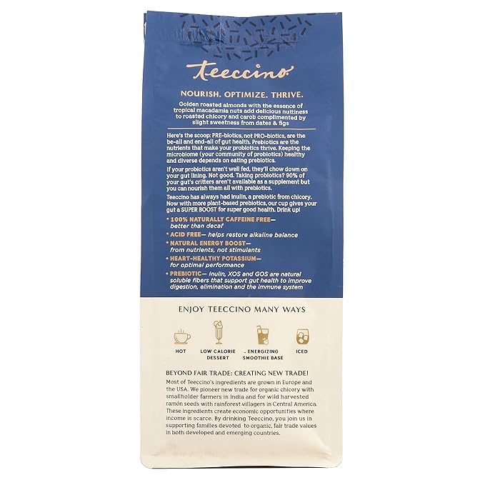 Teeccino Macadamia Nut Prebiotic SuperBoost™ Coffee Alternative - 10 Ounce - Support Your Probiotics with Caffeine-Free Herbal Coffee Featuring 3 Vegan Prebiotics for Good Gut Health & Regularity