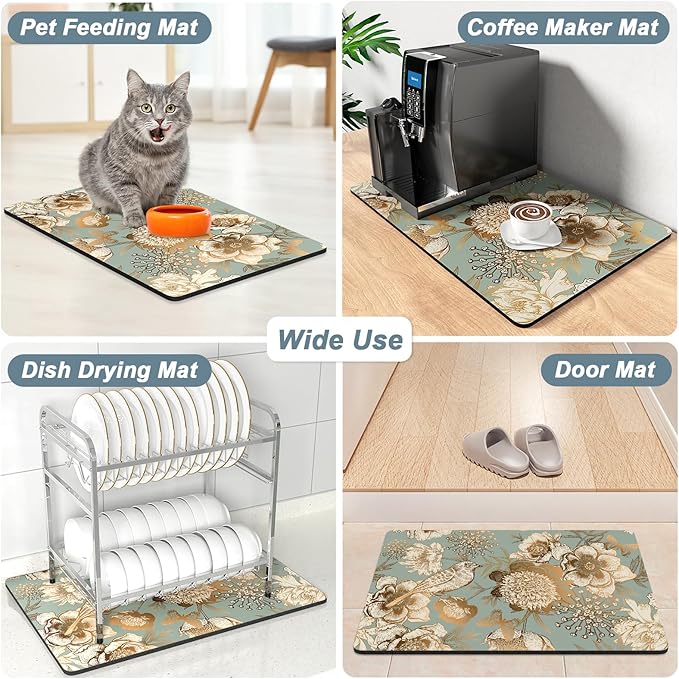 Rnivvi Coffee Mat, 12" x 19" Cute Coffee Bar Mats for Espresso Machine Station Accessories and Organizer, Hide Stain Rubber Backed Absorbent Dish Drying Pad for Kitchen Counter, Retro Flower