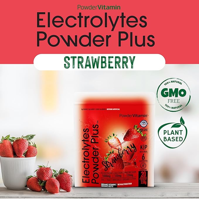 PowderVitamin Electrolytes Powder Plus (20 Servings) Strawberry Electrolyte Powder, No Maltodextrin, Keto,Sugar Free,Pink Himalayan Salt,1000mg Potassium,120mg Calcium,120mg Magnesium,Hydration Powder