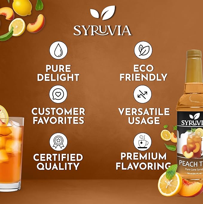 Syruvia Peach Tea Flavored Syrup for Drinks, Cocktails, Lemonades, Iced Teas and Desserts – 25.4 fl oz