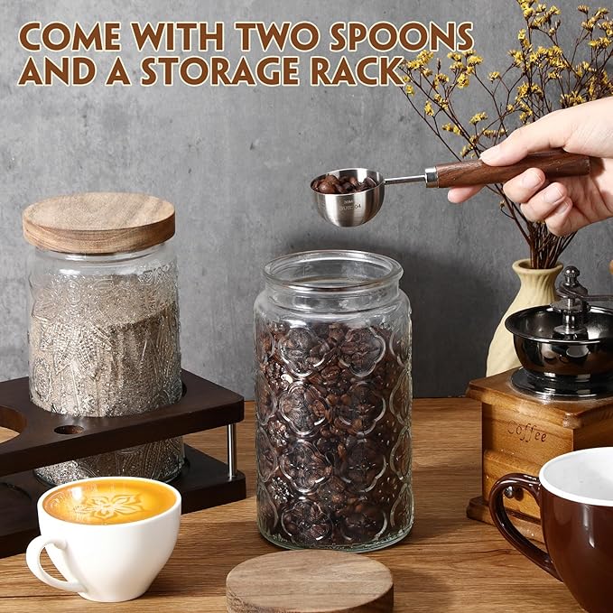 Suclain Glass Coffee Grounds Container with Shelf 2 x 34 oz Glass Coffee Bean Storage Canisters with Airtight Thread Lid and Measuring Spoon Food Storage Jars for Kitchen Sugar Nut