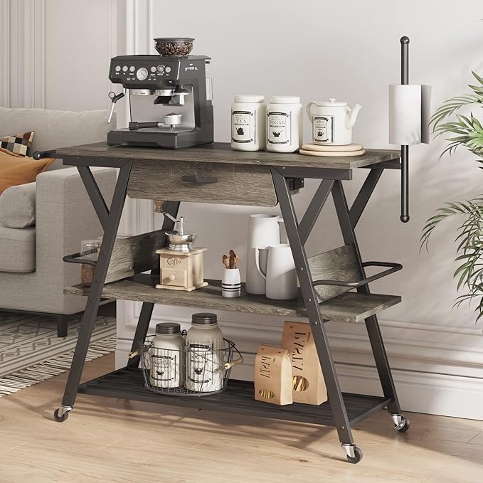 Bestier Coffee Cart Station, 48" W Coffee Bar Table with Storage Drawer, Mobile Kitchen Island on Lockable Wheels, Coffee Bar Cart with Paper & Towel Holder for Dinning Room Living Room, Gray