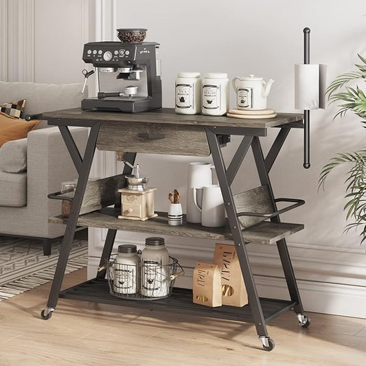 Bestier Coffee Cart Station, 48" W Coffee Bar Table with Storage Drawer, Mobile Kitchen Island on Lockable Wheels, Coffee Bar Cart with Paper & Towel Holder for Dinning Room Living Room, Gray