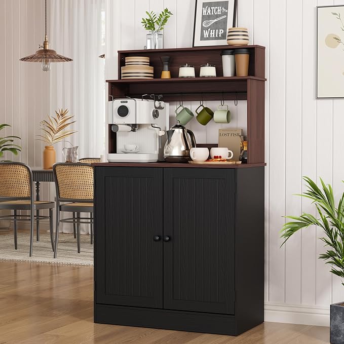 MHOM Farmhouse Coffee Bar Cabinet with Storage, Rustic Buffet Cabinet with 5 Hooks, Small Coffee Station Cabinet for Kitchen & Dining Room, Antique Black
