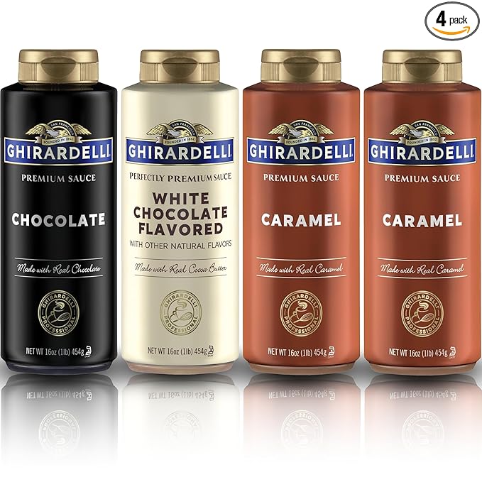 Ghirardelli Flavored Sauce Variety Pack | 16 oz Bottles (Pack of 4) | Chocolate, Caramel, and White Chocolate Dessert Toppings for Coffee Drinks, Ice Cream, and Baking Recipes