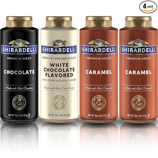 Ghirardelli Flavored Sauce Variety Pack | 16 oz Bottles (Pack of 4) | Chocolate, Caramel, and White Chocolate Dessert Toppings for Coffee Drinks, Ice Cream, and Baking Recipes
