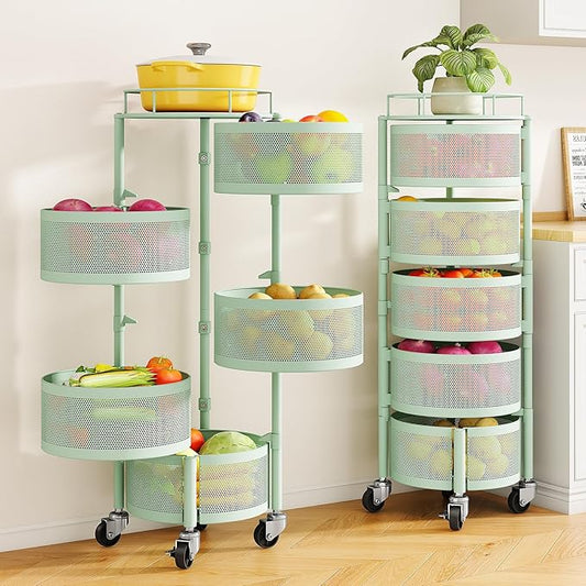 SNTD Fruit and Vegetable Basket Bowls for Kitchen with Metal Top Lid, 5 Tier Rotating Storage Rack Cart for Potato Onion Bread Banana, Wire Basket Organizer on Wheels, Large (Green)