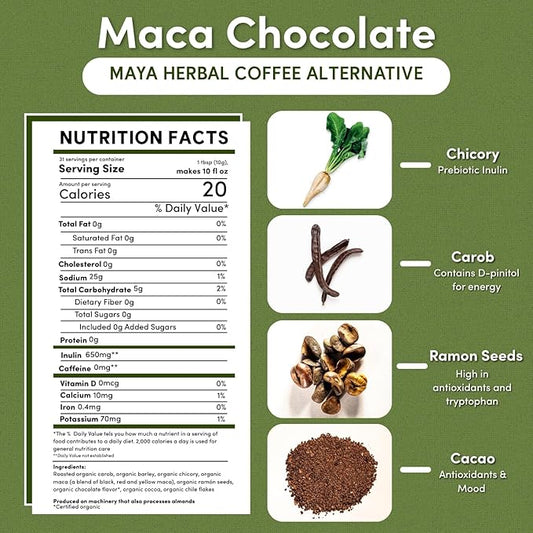 Teeccino Maca Chocolaté Chicory Coffee Alternative - Ground Herbal Coffee That’s Prebiotic, Caffeine Free & Acid Free, Dark Roast, 11 Ounce (Pack of 3)