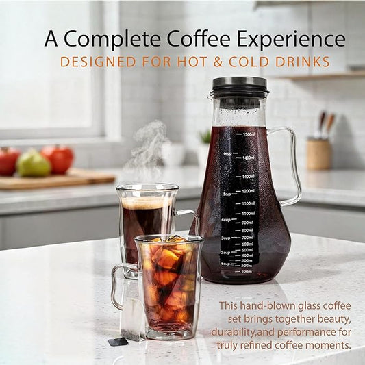 James Bentley Complete Cold Brew Coffee Set – Cold Brew Coffee Maker Glass for Hot and Cool Drinks, Fridge Friendly — Glass Carafe, Stainless Steel Infuser, Double Wall Cups x2, & Cleaning Brush