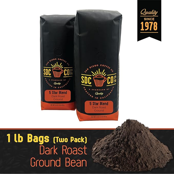 San Diego Coffee 5 Star Blend, Dark Roast, Ground Coffee, 16-Ounce Bags (Pack of 2) Café molido tostado