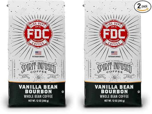 Fire Department Coffee - Vanilla Bourbon Coffee Beans - Gives Back to Firefighters - Vanilla Bean Bourbon Infused Whole Bean - Non-Alcoholic - Roasted in the USA - Veteran Owned (12 oz, Pack of 2)