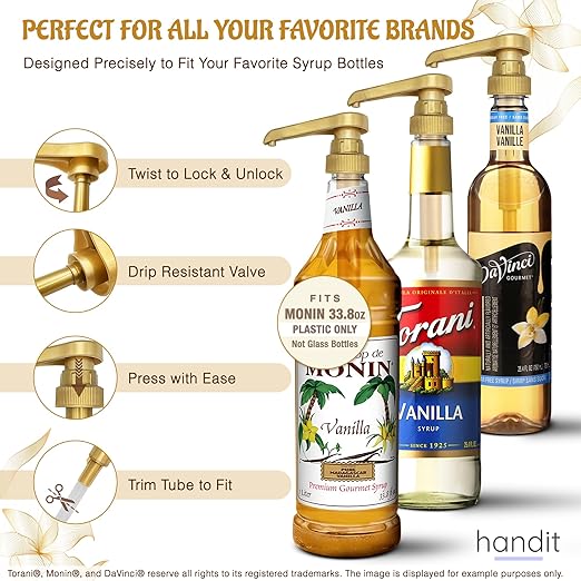HANDIT - Gold Coffee Syrup Pumps | Fits 25.4oz/750ml Liter Torani, Skinny, Davinci and Monin Plastic 33.8oz Bottles | Does Not Fit Monin Glass 750ml (6 Pack)