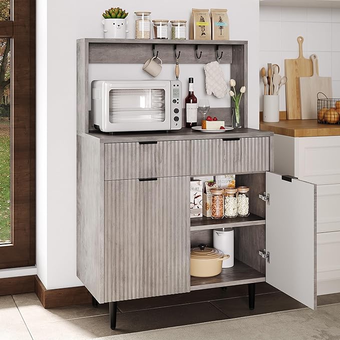 GarveeHome Fluted Sideboard Buffet Cabinet with Storage, Modern Coffee Bar Cabinet with Adjustable Shelves & 2 Drawers, Wood Buffet Console Table for Dining Room Living Room Kitchen Entryway, Grey