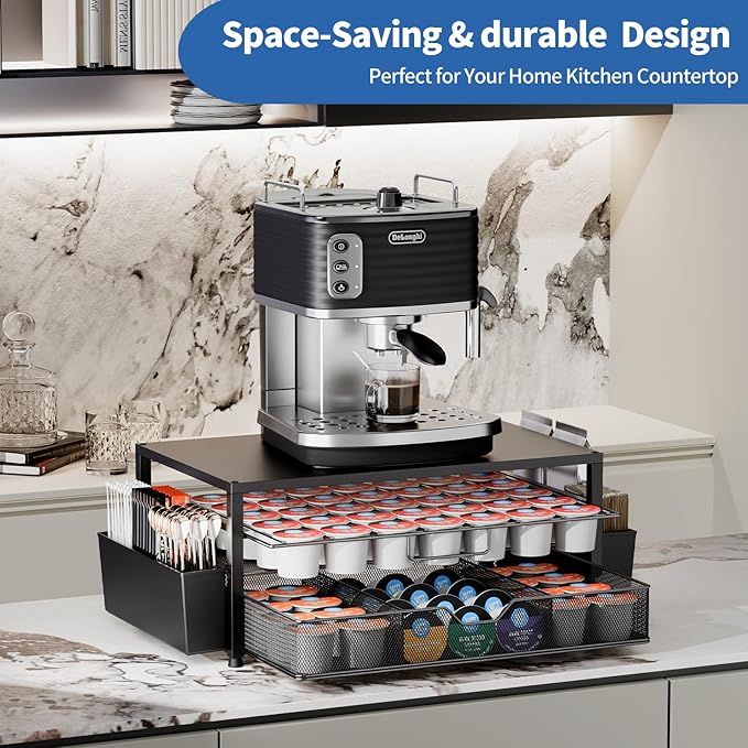 K Cup Holder Organizer, 2-Tier Coffee Pod Holder for 63 Large/80 Small Capsules with Storage Drawer & 2 Accessory Holders, Kcup Organizer for Countertop Coffee Station in Kitchen, Office, Coffee Bar