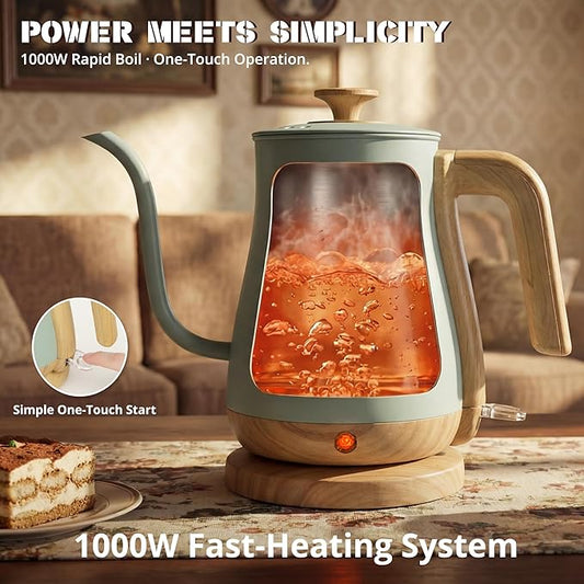 Electric Kettle, Electric Tea Kettle Stainless Steel, Gooseneck Electric Kettle, 1000W Hot Water Kettle Electric Auto Shut Off, 0.8L, Wood-like Grain Finish Handle, Light Green