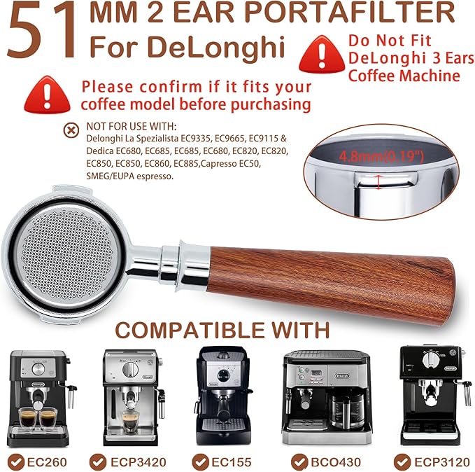 51mm Bottomless Portafilter 2 Ears Stainless Steel Espresso Portafilter Compatible with Delonghi ECP3420/EC155/BCO430/EC260 with Puck Screen Coffee Needle and Walnut Handle