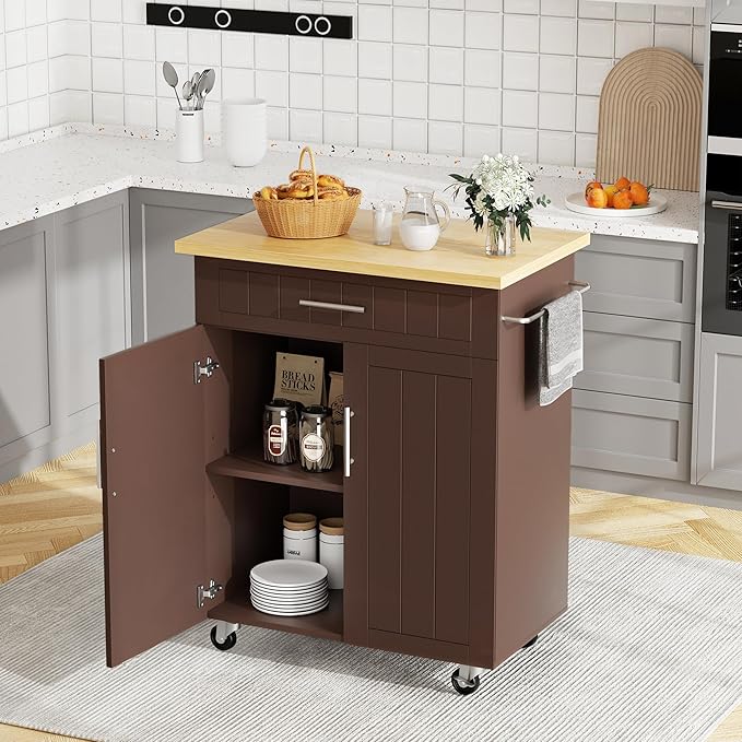 JY QAQA 26" Kitchen Island on Wheels with Storage Cabinet Kitchen Cart Cabinet with Shelves, Cart Handle for Towel Rack or Free Mobility, Portable Islands for Kitchen,Brown