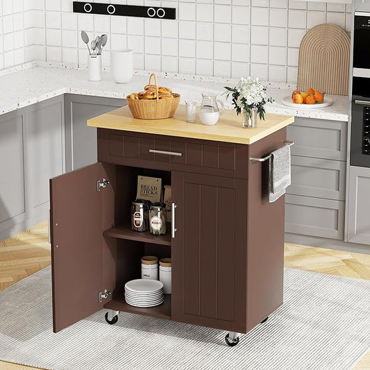 JY QAQA 26" Kitchen Island on Wheels with Storage Cabinet Kitchen Cart Cabinet with Shelves, Cart Handle for Towel Rack or Free Mobility, Portable Islands for Kitchen,Brown
