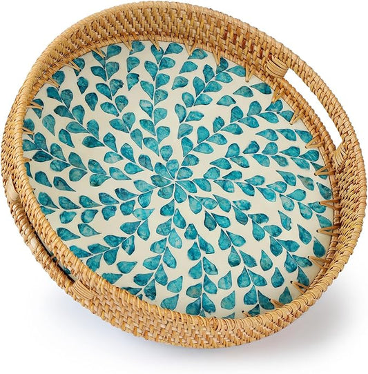 YANGQIHOME Round Rattan Tray with Handle, Mother of Pearl Inlay Decorative Wicker Basket for Coffee, Bread, Fruits, Serving Tray for Home Decor, Blue Clover