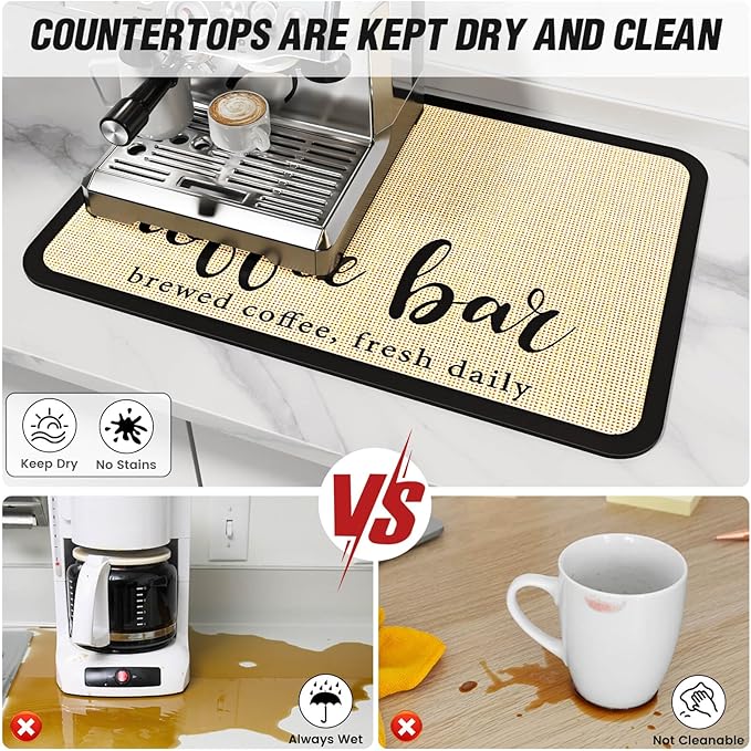 DK177 Coffee Mat - Dish Drying Mat for Kitchen Counter, Hide Stain, Absorbent with Waterproof Rubber Backing, Fit Kitchen Dish Rack Bar Accessories (Coffee Bar, 24" x 16")
