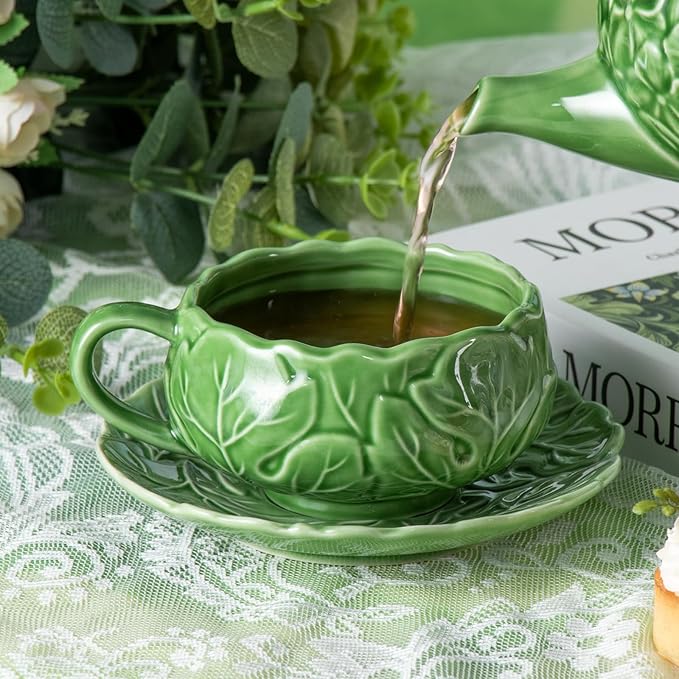 KAMMAK Tea Cups and Saucers Set of 2, Porcelain Coffee Cups, 10-Ounce Stackable Espresso Mugs, Ceramic Demitasse for Coffee, Latte, Americano, Tea, Lucky Green