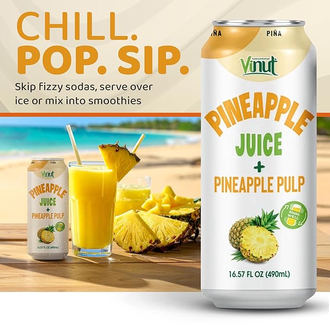 Vinut Natural Pineapple Juice Drink with Pulp, (16.57 fl oz, Pack of 12) Real Pineapple Juice, No Sugar Added, Gluten Free, GMO-Free