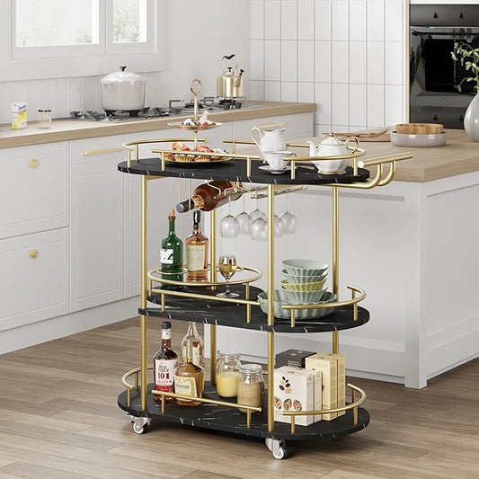 GarveeHome Gold Bar Carts with 4-Tiers Storage Shelves，Mobile Bar Seving Carts On Wheels with Wine Rack and Glass Holder for Kitchen, Dining Room, Living Room-Gold+Black