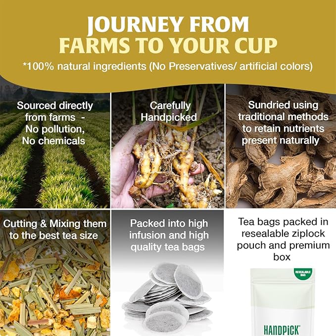 HANDPICK, Lemon Ginger Herbal Tea - 100 Pyramid Tea Bags | 100% Natural Ingredients, Tasty & Citrusy Hand-made Blend of Lemon & Ginger | Caffeine Free, Gluten Free | No Artificial Ingredients
