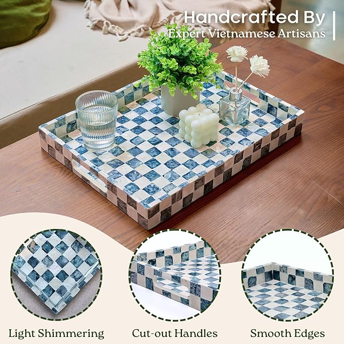 15.8" x 11.8" Decorative Rectangular Tray with Natural Capiz Shells, Checkered Tray with Handles, Serving Tray for Ottoman, Coffee Table, Kitchen Counter Home Decor (Navy Blue)
