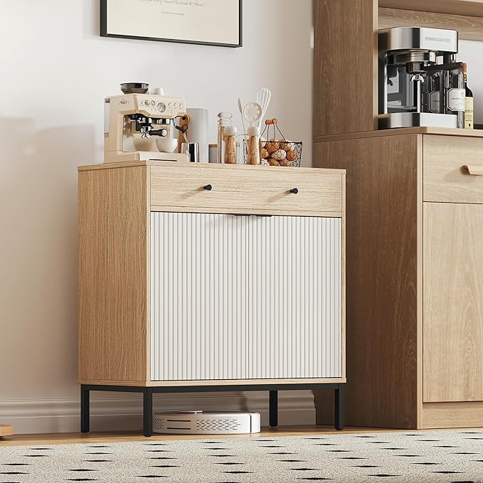 Mericonia Farmhouse Buffet Sideboard Cabinet with Storage, Fluted Coffee Bar with Doors and Adjustable Shelves, Modern Wood Cabinet for Kitchen, Livingroom (Fluted 2 Door, Oak & White)