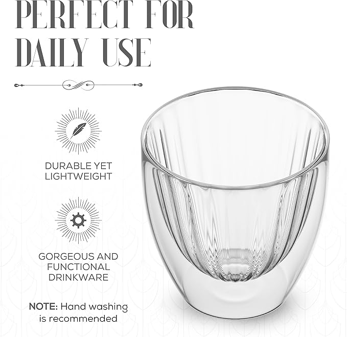 Elle Decor Ribbed Double Wall Coffee Cups, Set of 2 – 8 Oz Insulated Clear Glass Mugs for Espresso, Cappuccino, Latte & Tea, Heat Resistant Ribbed Design, Borosilicate Glass