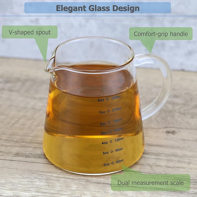 EIKS 2 Pack Glass Creamer Pitcher with Handle and Measurement Scale for Serving Coffee Milk Cream Tea Beverage Sauce Jam dressings (Capacity 240ml / 8oz)