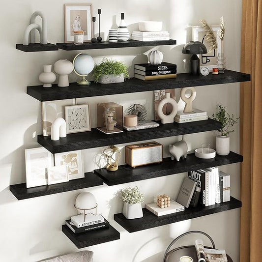 Floating Shelves for Wall with Invisible Brackets, Wall Mounted Engineered Wood Shelves with Wood Grain for Living Room, Bedroom, Bathroom, Kitchen Decor and Storage, Oak, 40"L Set of 2, Black