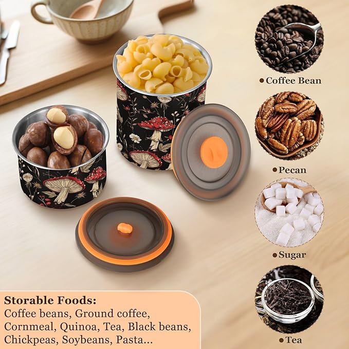 ALAZA Mushroom Daisy Flower Airtight Coffee Bean Canister 900ml Food Storage Containers with Lids For Gournd, Tea, Sugar, Flour, Rice, Cereal, Candy Cookie Jar