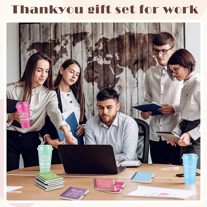 Skylety 12 Set/48 Pcs Employee Appreciation Gifts Bulk Christmas Thank You Gift Set 16 oz Coffee Cups Mini Spiral Notebooks Pens Keychains for Staff Team Teacher Coworker (Pastel Color)