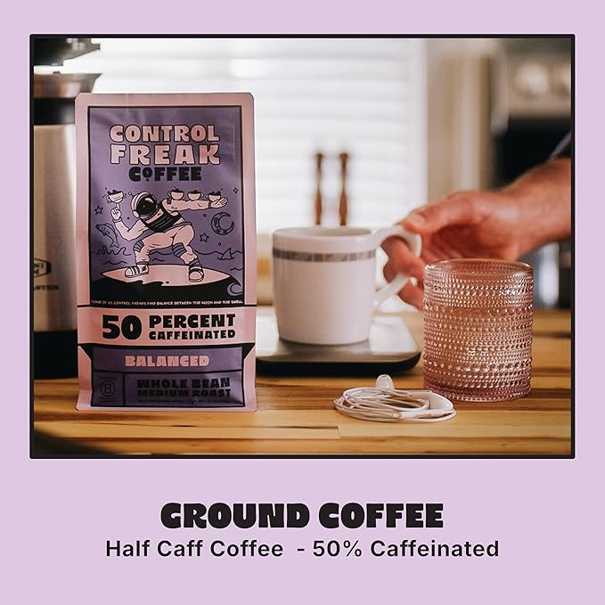 Control Freak Coffee Balanced – 50% Caffeine Ground Coffee (12 Oz) | Half Caff Coffee Blend for Smooth Focus, Full Flavor for Half the Buzz | Sugarcane Decaf, Freshly Roasted Coffee Beans