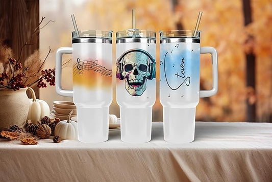 Halloween Skull Tumbler with Straw, Stainless Steel, 40 oz, Music Theme, Custom Insulated Travel Mug