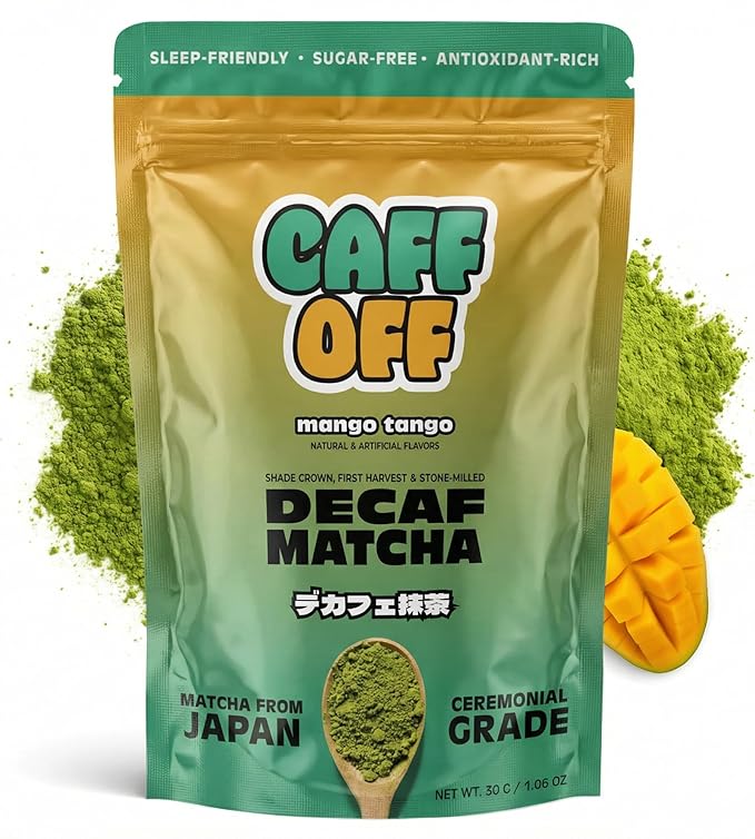 Caff Off Decaf Mango Matcha Green Tea Powder From Japan – 1.06 oz / 30 g – Ceremonial Grade & Sugar-Free - No Fillers or Milk Powders – Naturally Decaffeinated Without Chemicals – Tested for Heavy Metals – First Harvest, Shade-Grown & Caffeine-Free Mat...