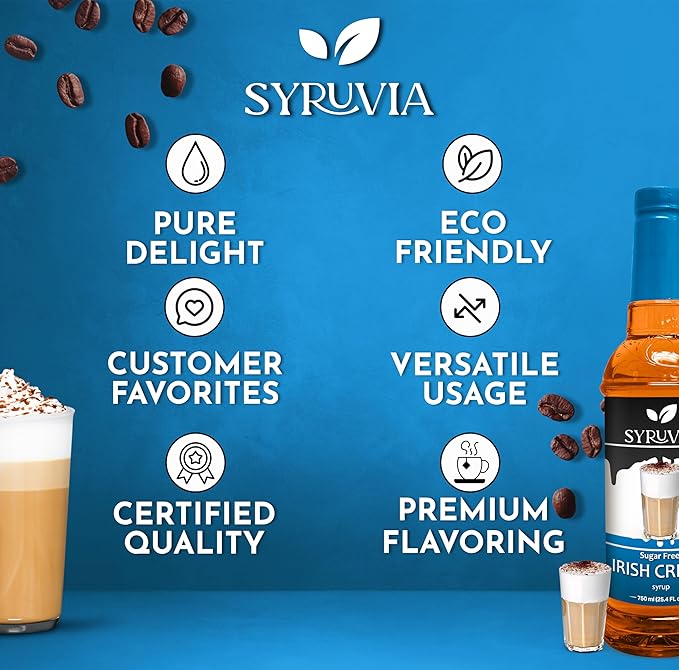 Syruvia Sugar Free Coffee Syrup, Irish Cream Flavored Syrup for Drinks, Lattes, and Desserts – 25.4 fl oz, With Pump