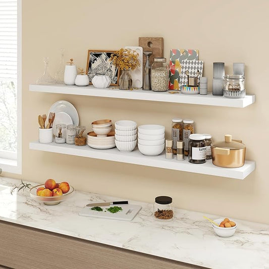 55 Inch Floating Shelves, 9.3" Deep Floating Shelf Wall Mounted, 56" Wall Shelves, Rustic Deep Bookshelf, Large Display Shelves & Storage Shelves for Bedroom, Living Room, White, Set of 1