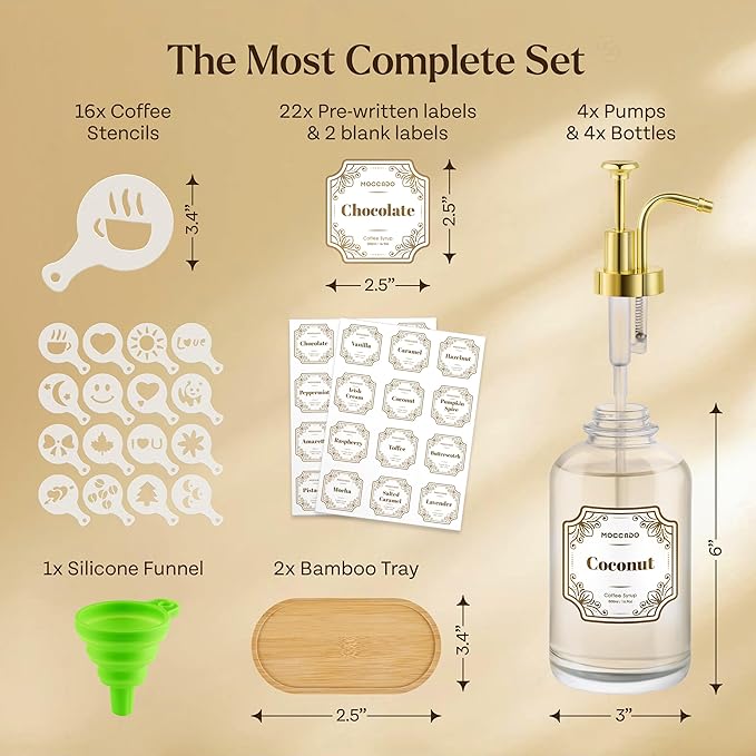 Moccado Glass Coffee Syrup Dispenser for Coffee Bar - Set of 4 Gold 500 ml / 16.9 oz Glass Syrup Bottles, Includes 2 Bamboo Trays, 16 Stencils, Labels, Coffee Bar Accessories