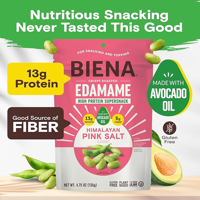 Biena Crispy Roasted Edamame Beans Snack – High Protein Snack for Adults & Kids, 12g-13g Protein per Serving - Made with Avocado Oil – Vegan, Low Carb, Gluten-Free – 3-Pack 4.75oz, Himalayan Pink Salt