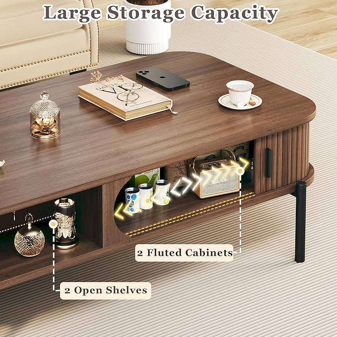 Coffee Table, 47.2" Mid Century Modern Coffee Tables for Living Room, Coffee Table with Storage Open Shelf, Fluted Table with Sliding Cabinet Door, 2-Tier Rustic Wood Desktop, Walnut